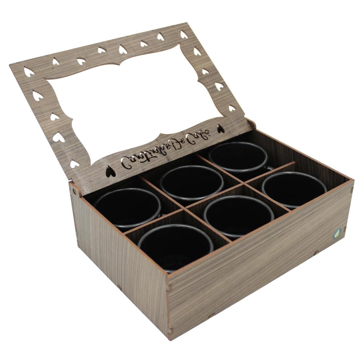 Kit Cantinho Café Completo: 6 Xícaras preta  Acrílico 85ml + Caixa MDF