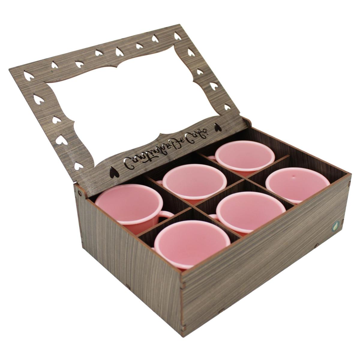 Kit Cantinho Café Completo: 6 Xícaras rosa Acrílico 85ml + Caixa MDF 