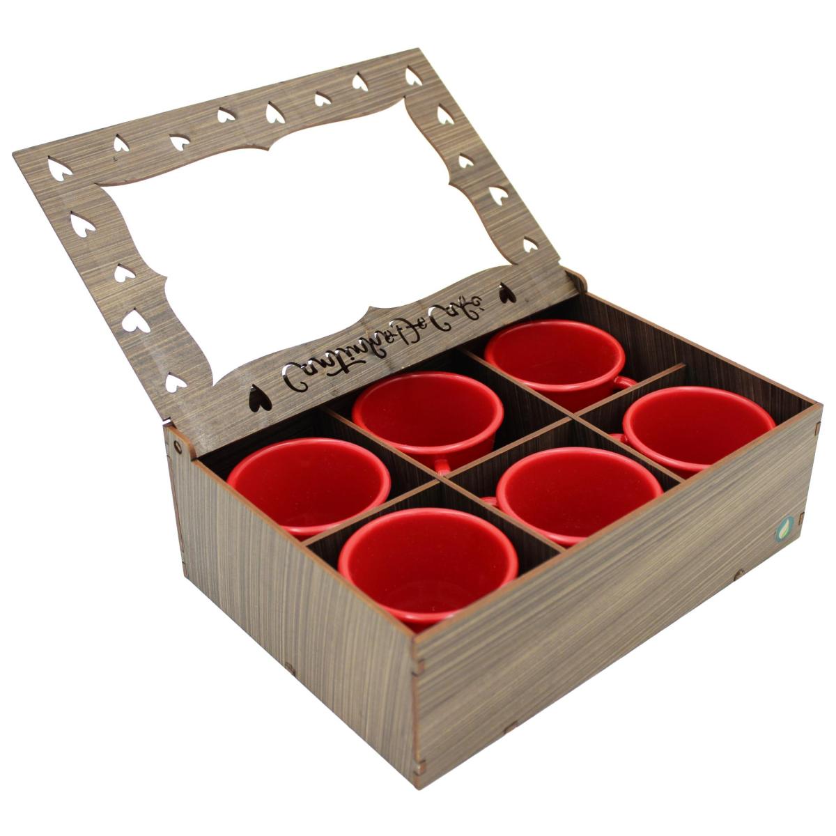 Kit Cantinho Café Completo: 6 Xícaras vermelha  Acrílico 85ml + Caixa MDF