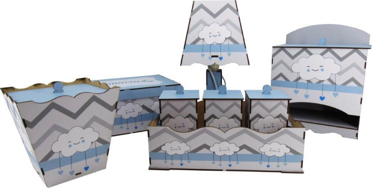 Kit de Bebê 08 Peças Decoração Nuvem Azul Mdf