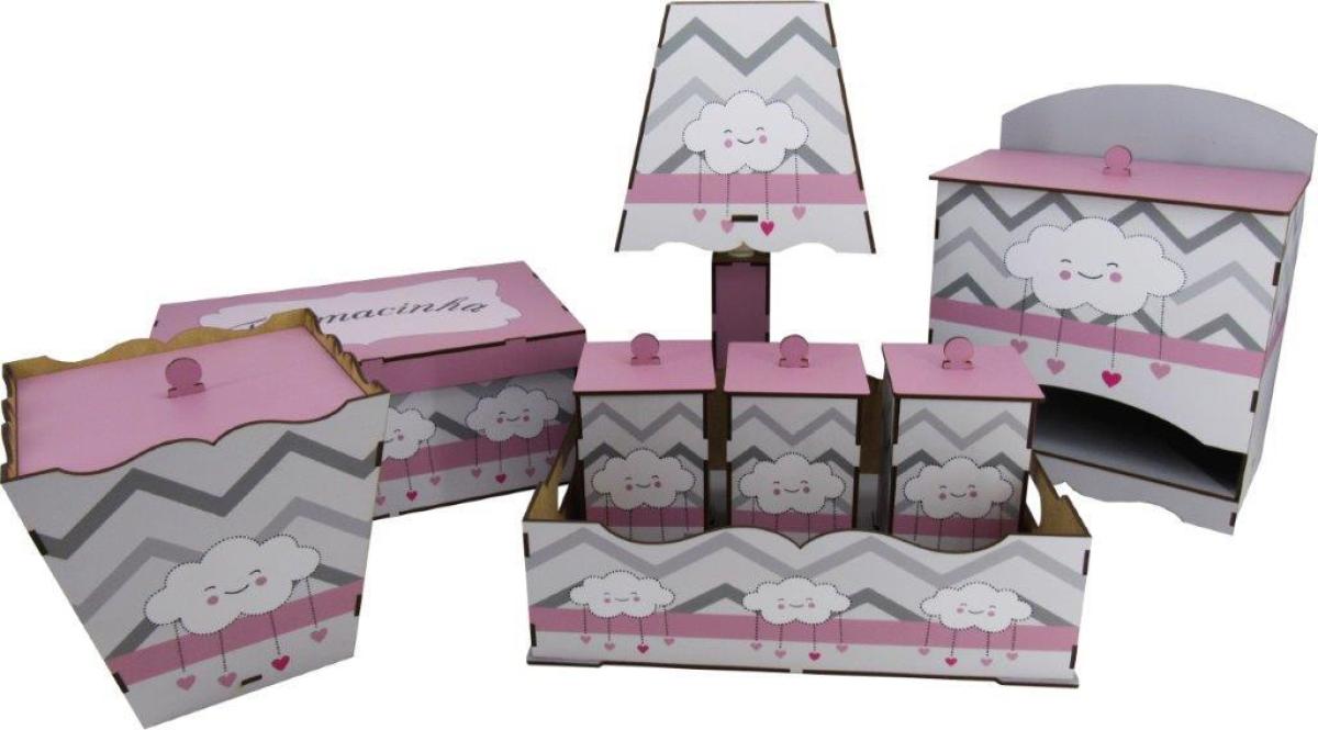 Kit Bebê 08 Peças Decoração Nuvem Rosa Mdf