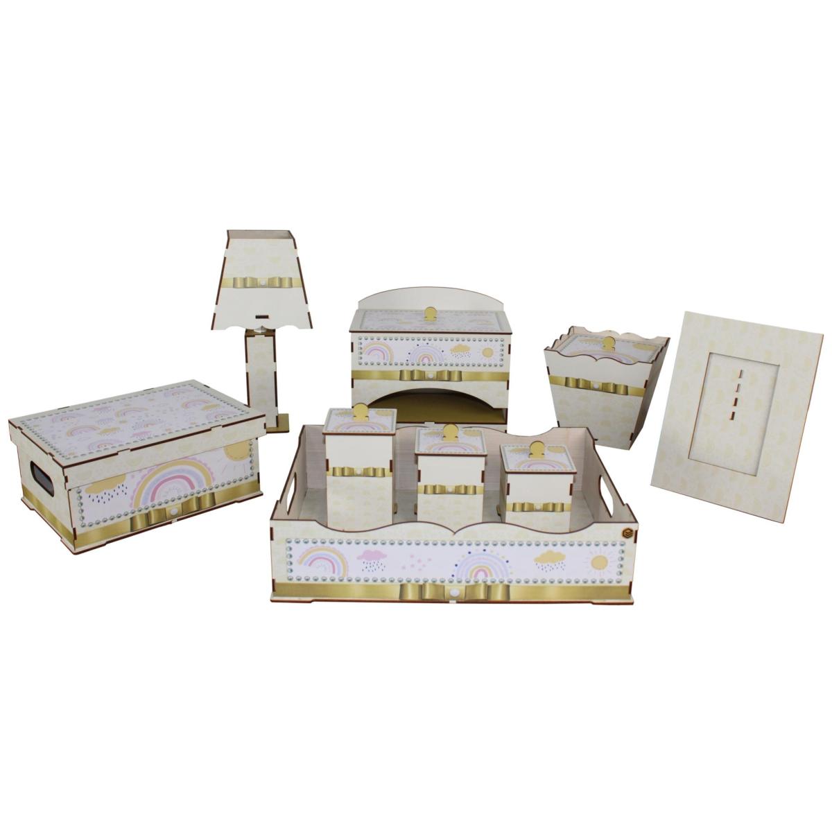Kit Higiene Bebe 9 Peças MDF Premium Adesivado  - Arco íris 