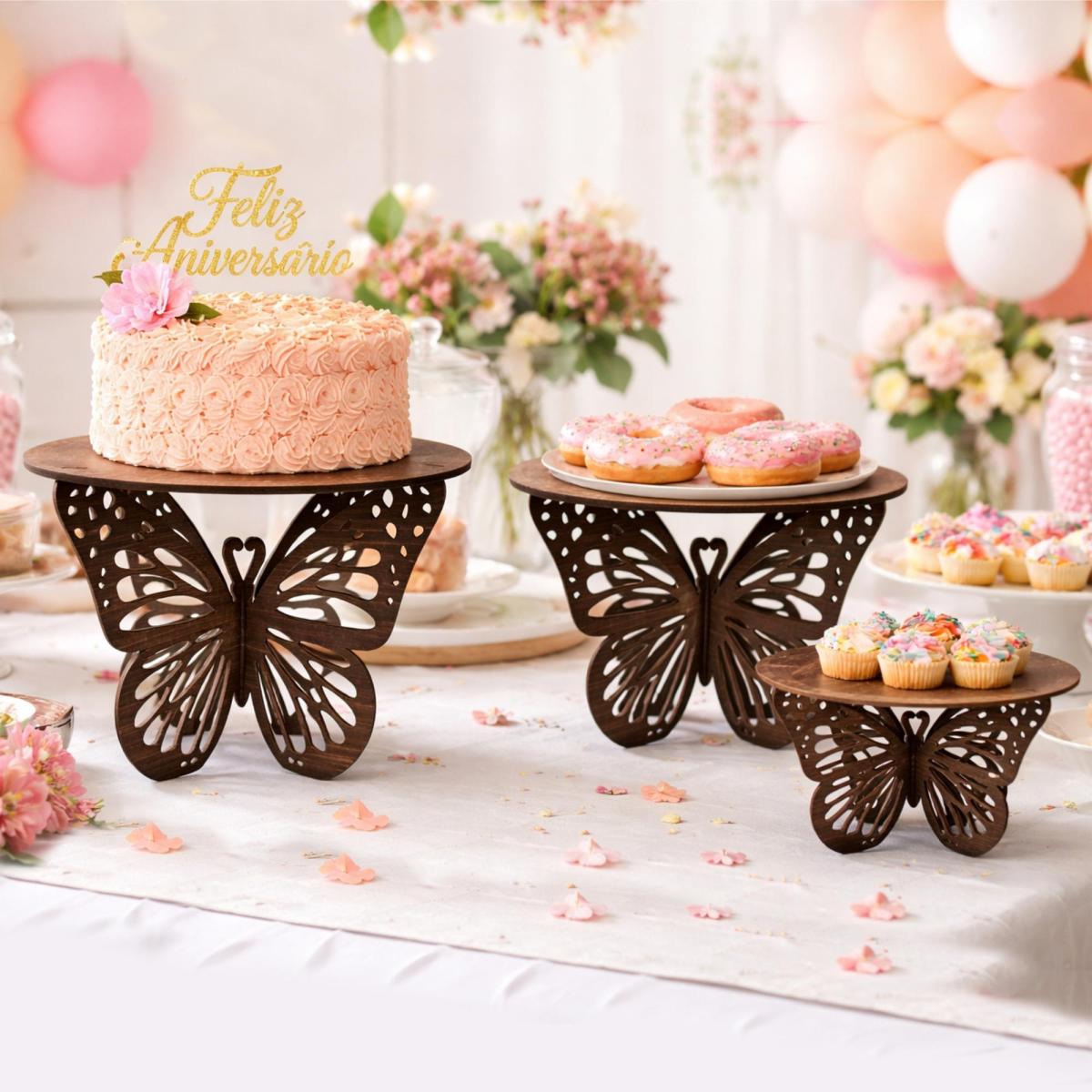 Kit Trio de Boleira Borboleta em MDF 3 Tamanhos Decoração Festa Jardim Encantado - cor Nogueira