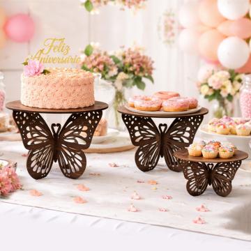 Kit Trio de Boleira Borboleta em MDF 3 Tamanhos Decoração Festa Jardim Encantado - cor Nogueira