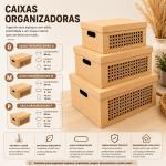 kit Trio de Caixa Organizadora MDF com Tampa Vazado Laser Estilo Palha Multiuso Guarda Roupa Closet Premium Box
