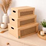 kit Trio de Caixa Organizadora MDF com Tampa Vazado Laser Estilo Palha Multiuso Guarda Roupa Closet Premium Box
