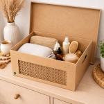 kit Trio de Caixa Organizadora MDF com Tampa Vazado Laser Estilo Palha Multiuso Guarda Roupa Closet Premium Box
