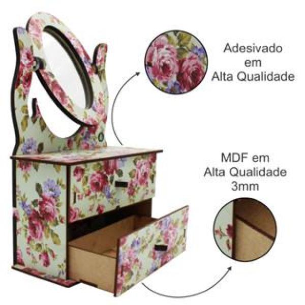 Mini Cômoda Penteadeira Com Espelho 2 Gavetas Decoração Floral Mdf