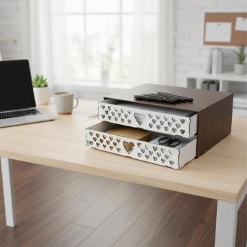 Organizador 2 Gavetas decorado Cor Nogueira e Branco Folha Sulfite A4  Gaveteiro MDF Papel A4