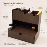 Organizador de Escritório MDF com Gaveta e 3 Nichos Porta Canetas e Documentos Mesa Home Office 27x16x25 cm
