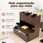 Organizador de Escritório MDF com Gaveta e 3 Nichos Porta Canetas e Documentos Mesa Home Office 27x16x25 cm