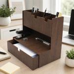 Organizador de Escritório MDF com Gaveta e 3 Nichos Porta Canetas e Documentos Mesa Home Office 27x16x25 cm