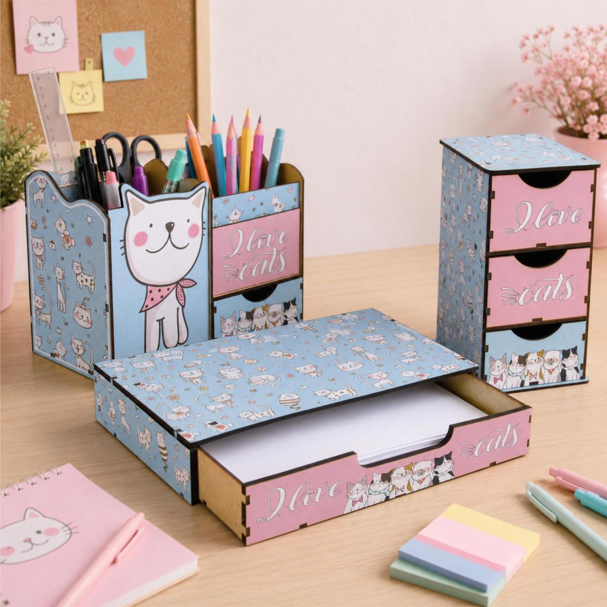 Organizadores de Mesa Kit 3 Peças Escritório Love Gatinho MDF Decorativo Compacto