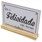 Palavra felicidade de Mesa com Base de Madeira - Enfeite Escrita em MDF para Sala e Decoração