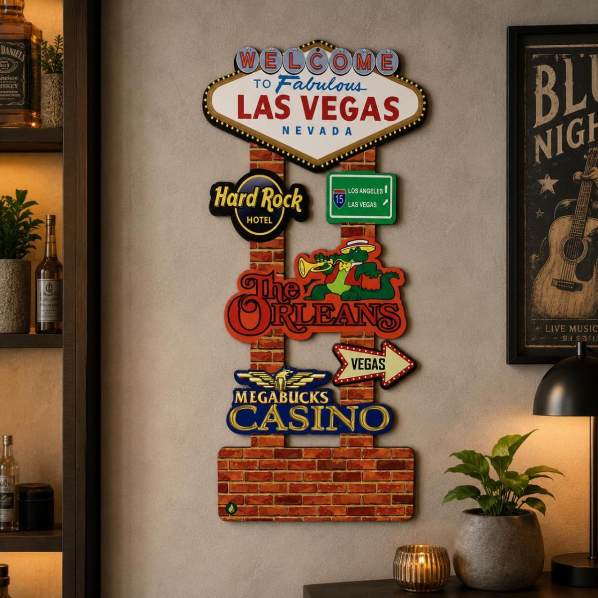 Placa Decorativa Las Vegas em MDF 4mm para Parede Decoração Bar Barbearia Área Gourmet Sala de Jogos 66x30cm