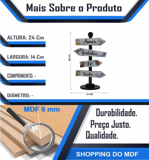 Placa Seta de Mesa Adesivada Amor, Gratidão Mdf