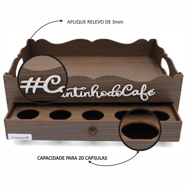 Bandeja Porta Cápsulas 3 corações Amadeirada Cantinho Do Café