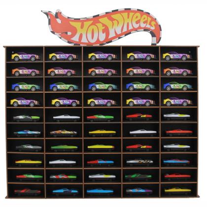 Porta Carrinhos Hot Wheels Expositor 50 Vagas Madeira MDF Colecionáveis Organização Decoração Quarto