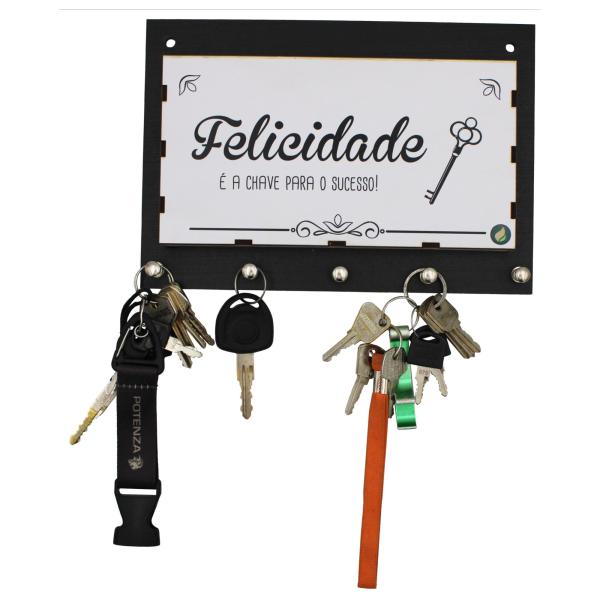 Porta Chaves Felicidade 25,5x2,5x17cm Mdf 