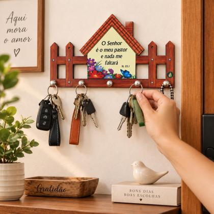 Porta-Chaves de MDF Casa com Cerquinha 26x14,5 cm