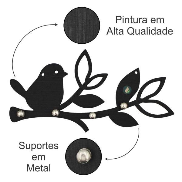 Porta Chaves Recortes Pretos Passarinhos e Folhas 