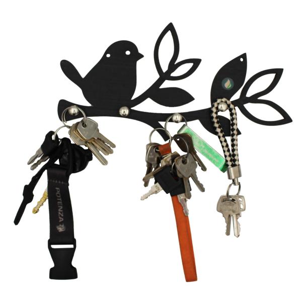Porta Chaves Recortes Pretos Passarinhos e Folhas 