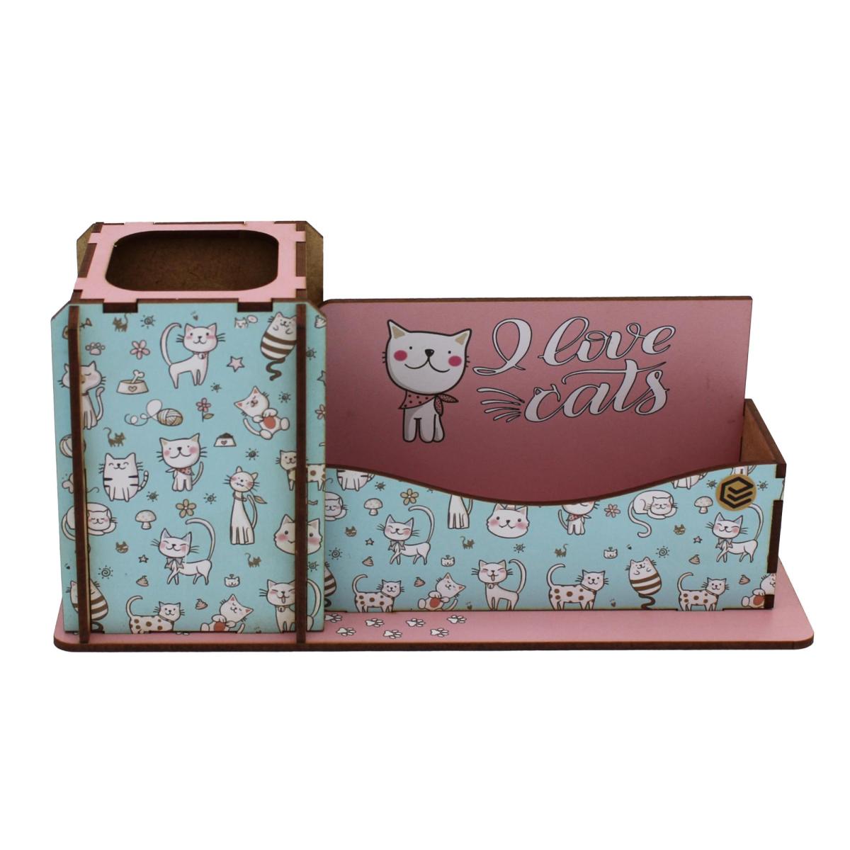 Porta Lápis/ Cartão Decoração Gatinho 24X8X11,5cm Mdf 