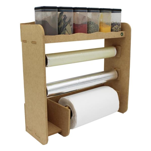 Porta rolo triplo e condimentos - Parede em MDF + 6 potes para condimentos porta temperos