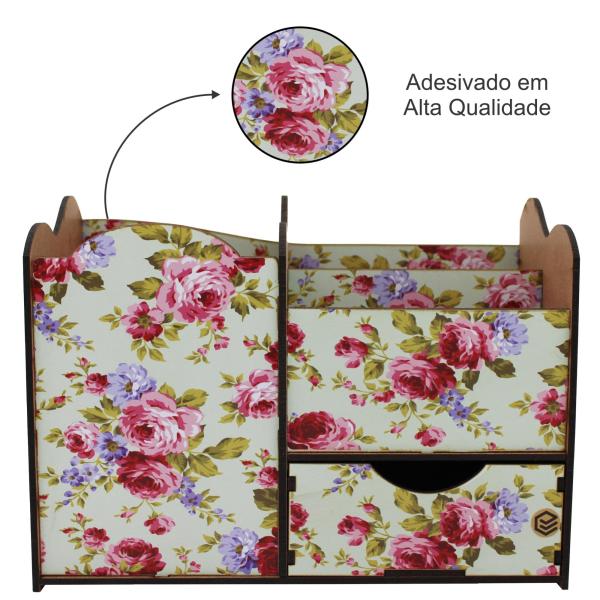 Porta Treco Organizador Floral Com Gaveta Mdf 