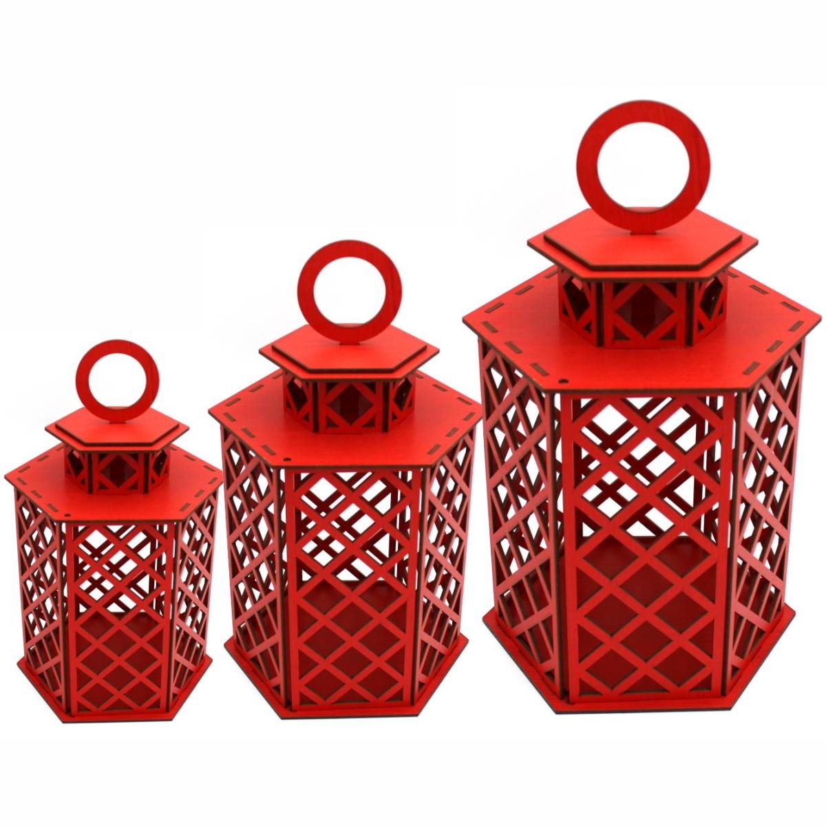 Trio de Lamparina Vermelha MDF para Casamento – Decoração Charmosa e Elegante para Festas