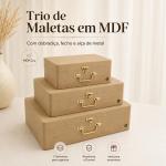 Trio de Maletas Organizadoras MDF com Alça, Fecho e Dobradiça em Metal para Decoração e Presentes