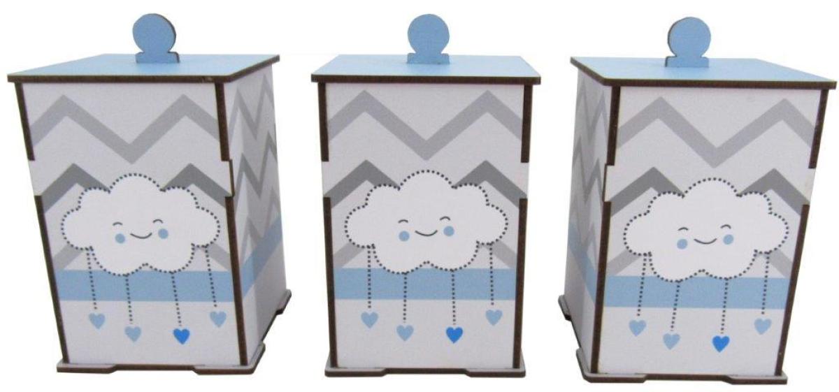 Trio de Potes Bebê Nuvem Azul Mdf Adesivado