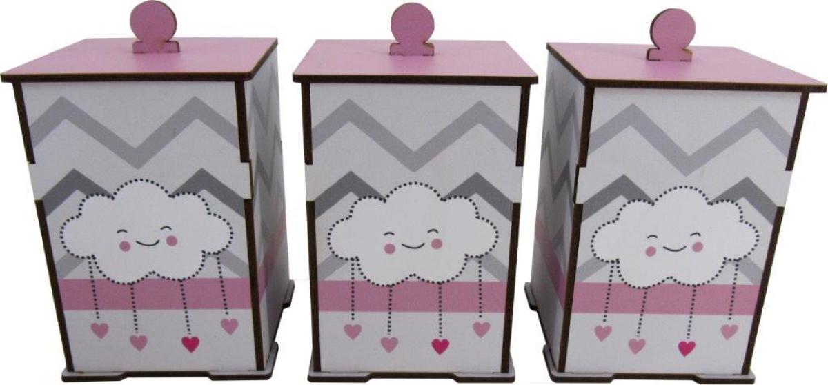 Trio de Potes Bebê Nuvem Rosa Mdf Adesivado