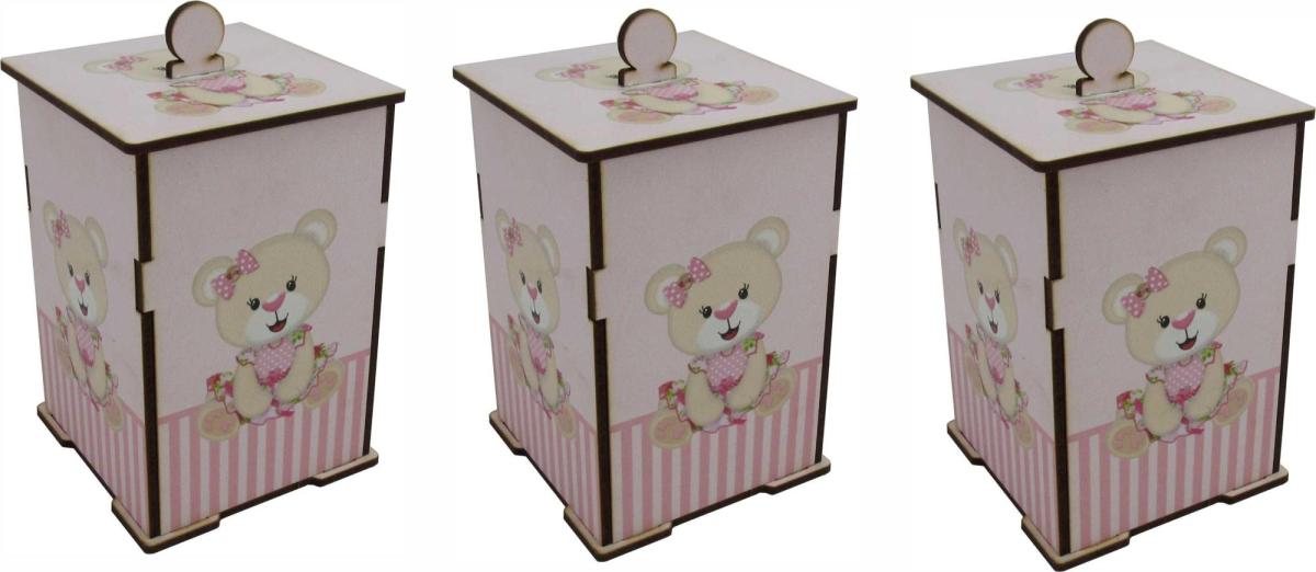 Trio de Potes Bebê Ursa Rosa Mdf Adesivado