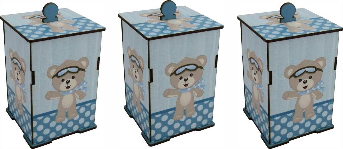 Trio de Potes Bebê Urso Azul Mdf Adesivado